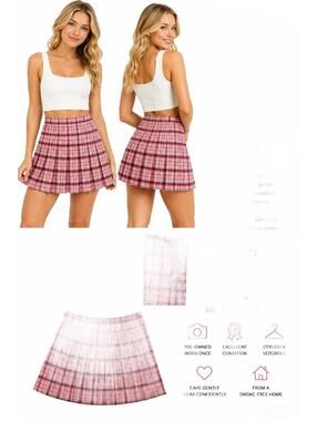 Women's Pink Plaid Pleated Short Skirt Polyester Lightweight Side Zip M 7-9
